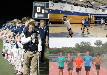 Top Left: Injured Kyle Hackett ’15 leads the football team during the national anthem before the game against Stamford, which resulted in a 37-34 loss on Oct. 2. Top Right: Jamie Tanzer ’15 and Elizabeth Bennewitz ’15 stand with the field hockey team before a game last year. In 2013 the field hockey did not qualify for FCIACs, but they hope to this year.  Middle: Kendall Rochlin ’15 serves up a shot for her teammates during practice. After reaching the FCIAC finals last year, SGVB is struggling with a 5-7 record. Bottom: (left to right) Zak Ahmad ’17, Jake Berman ’15, Oliver Hickson ’15, James Lewis ’16 and Luis Cruz ’15 are some of the strongest runners for the team this fall, as all f runners finished in the top 15 in the 2.98 mile boys’ race on Sept. 23.