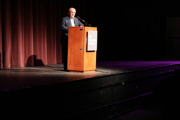 Salman Rushdie spoke in front of approximately 950 people in the auditorium, and he also spoke to several AP Literature classes in the Staples Library beforehand. 