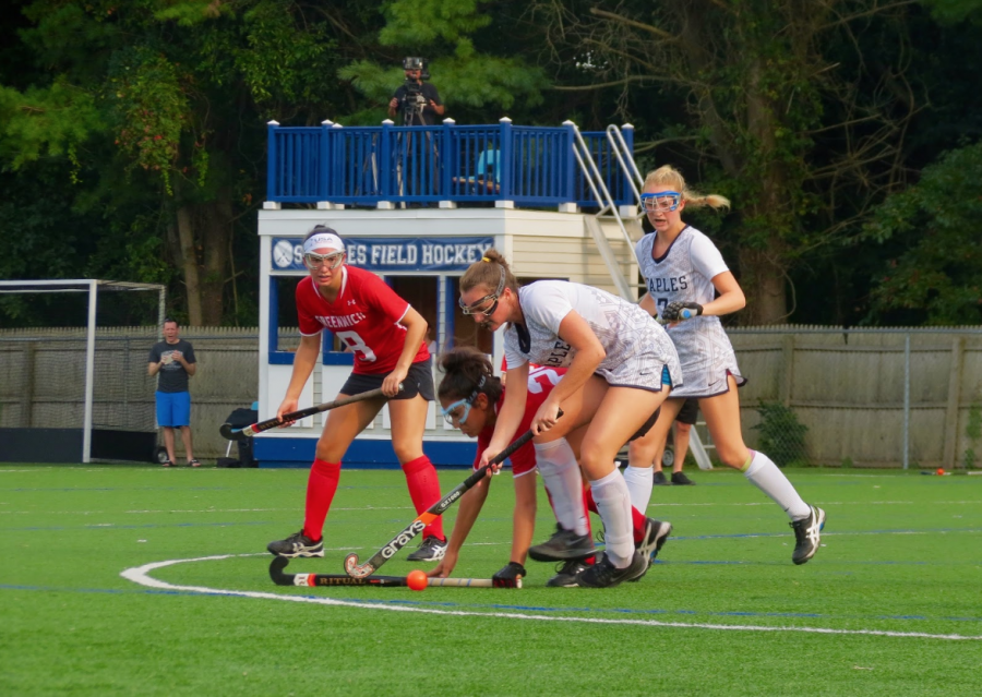 Captain Colleen Bannon ‘17 re-defends the ball after causing a Greenwich attacker to turn it over. 