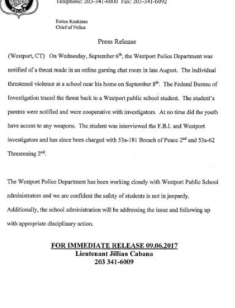 Westport student arrested for threatening violence