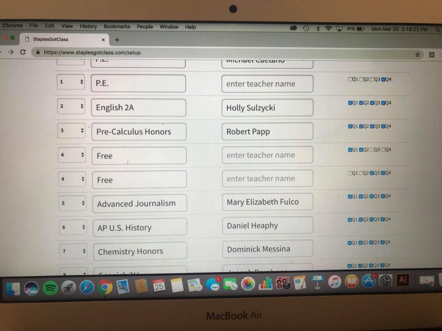A staples student inputs their classes into a digital schedule. Students in the Staples community will benefit from not receiving teachers names or periods on their schedules because it will reduce unnecessary stress.