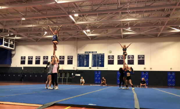 The all-girl cheerleading team practices partner stunts in preparation for their upcoming competition on Feb. 9, the Warde Winer Challenge. Avery Tucker ’22 and Daniella Gat ’20 are the teams two flyers. 