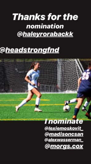 Staples student Sarah McGroarty ’21 participates in the Headstrong Fund challenge by posting her game day hair. The challenge has reached national levels and is continuing to raise awareness and funds for cancer patients through social media.