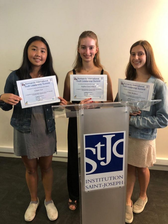 (PICTURED LEFT TO RIGHT: Claire Lee ’21, Sophia Lauterbach ’21 and Claire Redmer ’21) Staples students attended the Normandy International Youth Leadership Summit where they could participate in debates and discussions about global issues. 