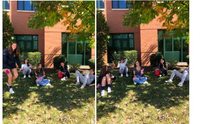 Students relax in the shade during a mask break outdoors.
