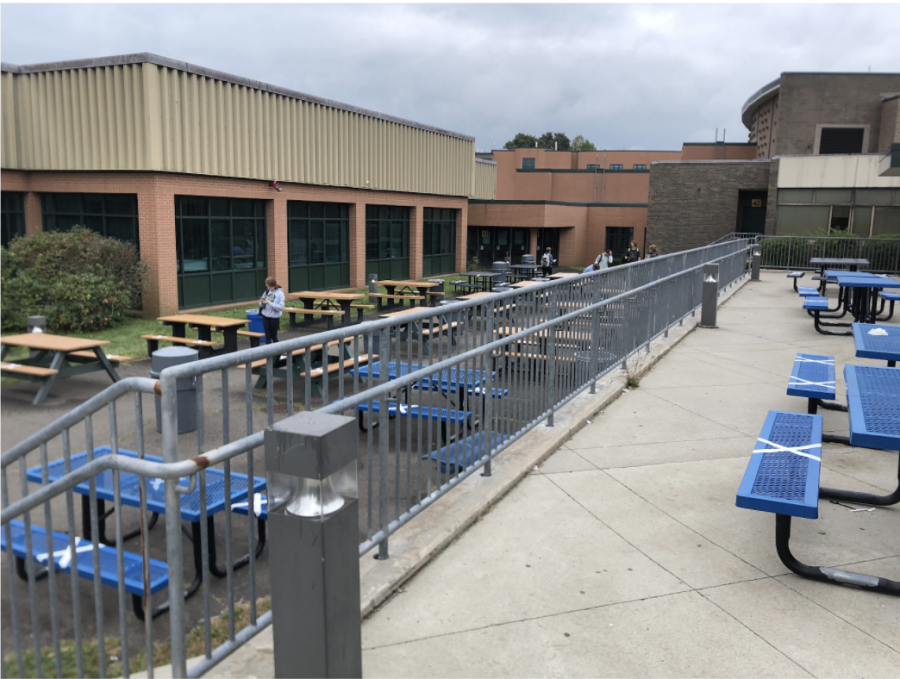 This is the setup for the outdoor seating tables at Staples High School.