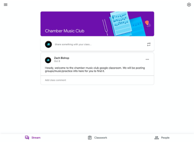 Chamber Music Club, among others, utilize Google Classroom as a key method of keeping in touch and posting updates. 