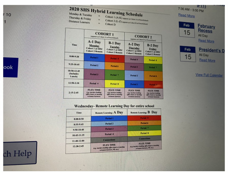 The current hybrid model consists of two cohorts, cohort A going to school on Mondays and Tuesdays and cohort B going in on Thursdays and Fridays. Wednesdays act as a remote learning day for everyone. The district will be moving forward with a new 75% model starting in March. 