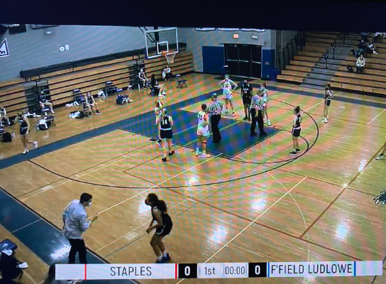 Screenshot of the Staples’ girls basketball playing their fifth game of the season vs Ludlowe at Fairfield Ludlowe High School. Ludlowe does not allow Staples fans at their games, so fans watch from the NFHS network.