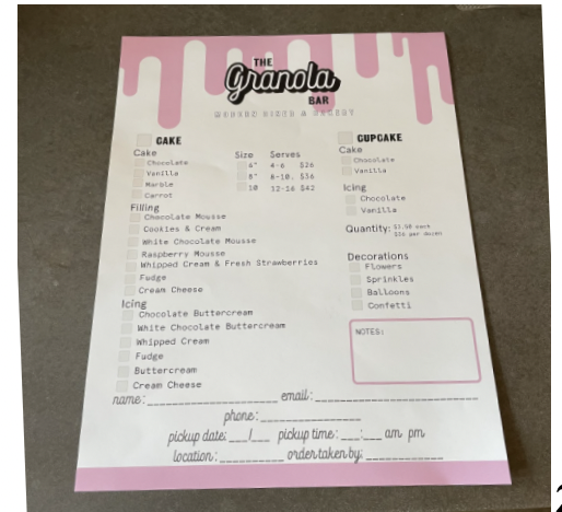 The baked goods order sheet at Granola Bar, a new addition to the cafe bringing back some of Dickinson’s signature sweets such as his buttercream icing.