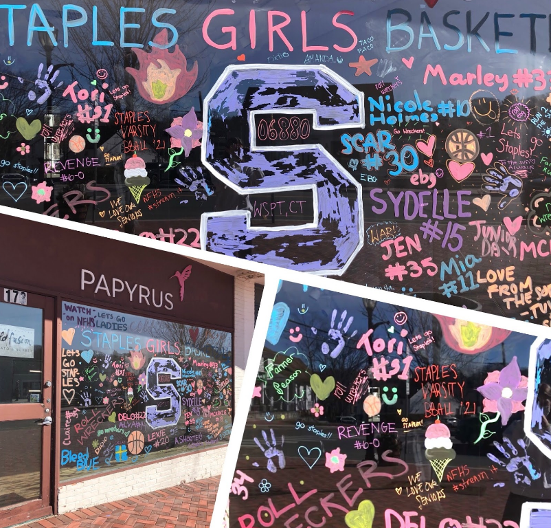 The Staples girls’ basketball varsity and junior varsity teams came together on Feb. 26 to decorate and personalize the downtown storefront window of the upcoming Cold Fusion gelato store. Support from the town and each other has greatly contributed to the team’s tight-knit nature that has led to many victories this season. 