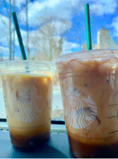 The iced brown sugar oat milk shaken espresso (left) and iced chocolate almond milk shaken espresso (right) are two new non-dairy drinks now available at Starbucks locations. These added milk alternatives now allow a more inclusive menu for those who don’t consume dairy. 