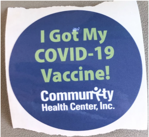After vaccinations, patients receive a sticker in order to promote enthusiasm and excitement regarding the COVID-19 vaccine.  