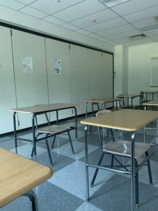 With the seniors gone, the back two rows of AP Economics class are left empty, as all students in the class have moved towards the front to better participate.