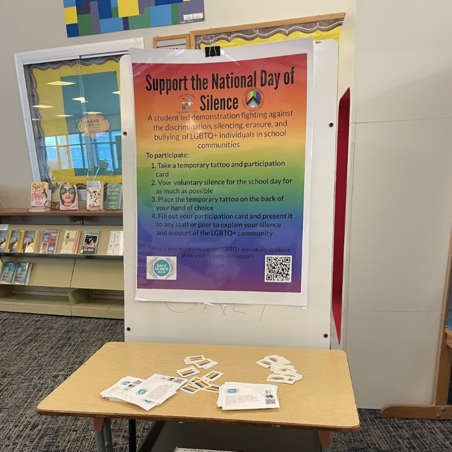 Throughout the school day on April 8, the library had a station for students to pick up their paper desk stand to show to teachers that they’re staying silent, as well as a pride tattoo to celebrate LGBTQ+ pride.
