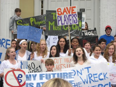 Students gathered on the steps of Town Hall on May 4 to protest the proposed budget cuts. Photo by Ross Gordon '11