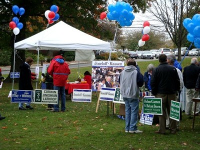 People gather at Jesup Green for the "My Town, My Vote" event organized by the Westport League of Women Voters