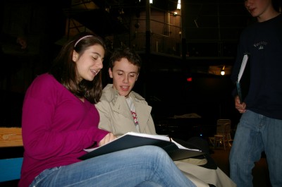 Caley Beretta ’10 reviews script with actor Adam Bangser '10 for the upcoming fall play, 'Guys and Dolls' | Photo by Victor Hollenberg