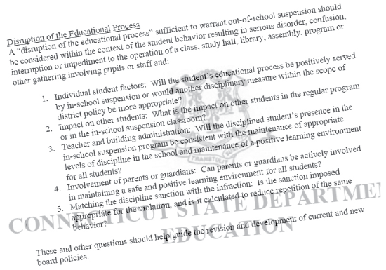 An excerpt from the Connecticut State Department of Educations Guidelines for In-school and Out-of-school suspensions, issued by commissioner Mark K. McQuillan. |Photo Graphic by Petey Menz 11 