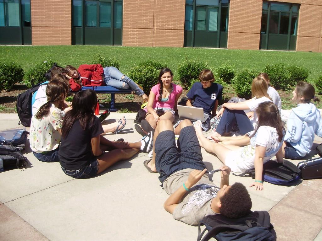 Students relax in the courtyard after their first final// Photo by Alicia Lourekas 12