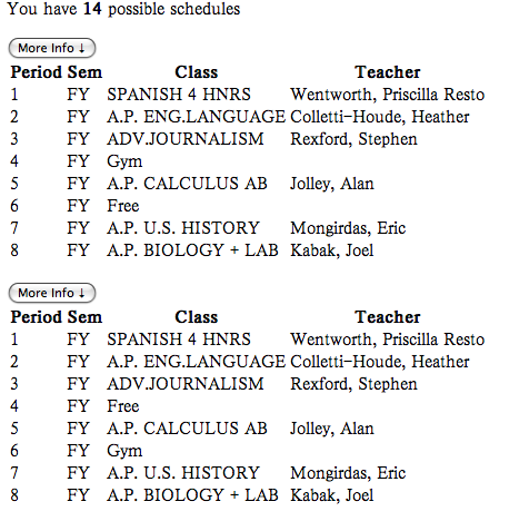 Above is an example of a generated schedule. With the teachers and periods chosen this person has 14 options for their schedule. 