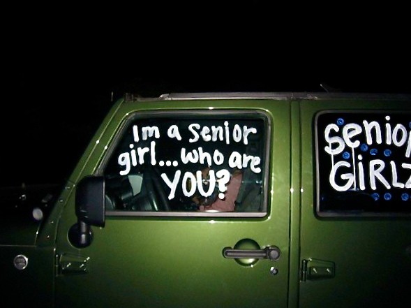 Excited for their last year of high school, senior girls have decorated their cars to show their authority and enthusiasm. Morgan Singers 11 car reads Im a senior girl...who are YOU? | Photo contributed by Freja Andrew 11