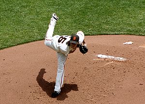 Tim Lincecum throwing a pitch against the Los ...