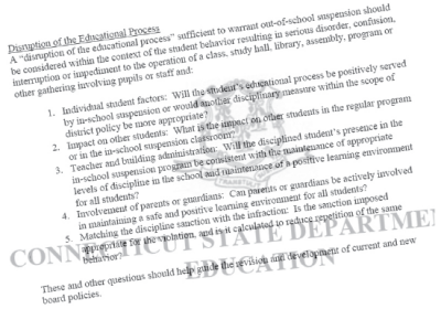 An excerpt from the Connecticut State Department of Educations Guidelines for In-school and Out-of-school suspensions, issued by commissioner Mark K. McQuillan. |Photo Graphic by Petey Menz '11 