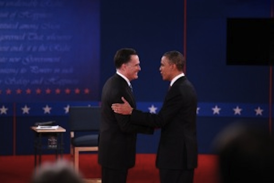 Obama+and+Romney+at+the+second+presidential+debate.+