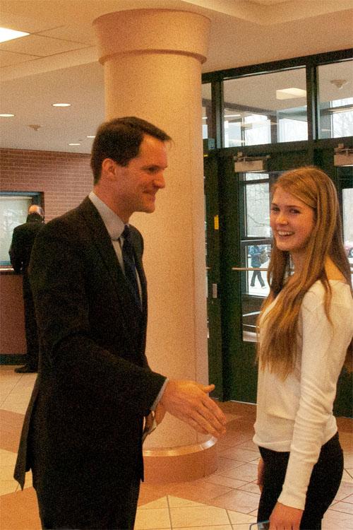 Congressman Himes greets Gabriella Rizack 13. Himes came to Staples and talked to A.P. Government students on  Jan. 9.