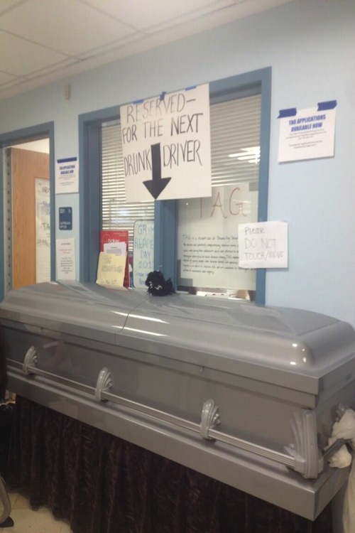 On Grim Reaper Day, TAG placed a coffin outside the cafeteria to show students the consequences of drunk driving.