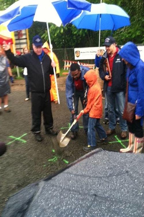 Jake Hockley, brother of Dylan Hockley to whom the playground is dedicated, breaks ground at Long Lots on Friday.