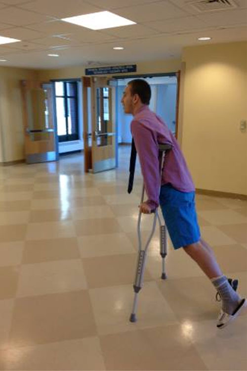 Max Wimer ‘15 has to use crutches to get around after a career-stunting gym injury.