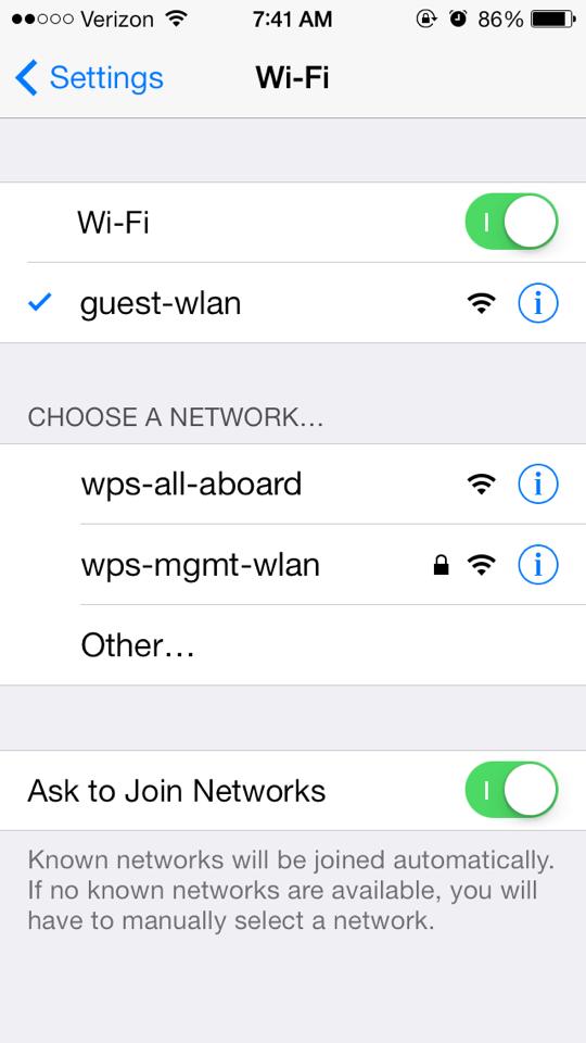 Currently, portable devices connect automatically to the guest-wlan Wi-Fi network.