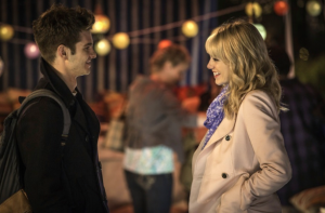 Andrew Garfield, who plays Peter Parker/Spider-Man, and Emma Stone, who plays Gwen Stacey, in a scene from “The Amazing Spider-Man 2”. 