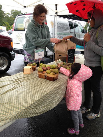 A young shopper pays for the pears at the Connecticut Grown booth.
