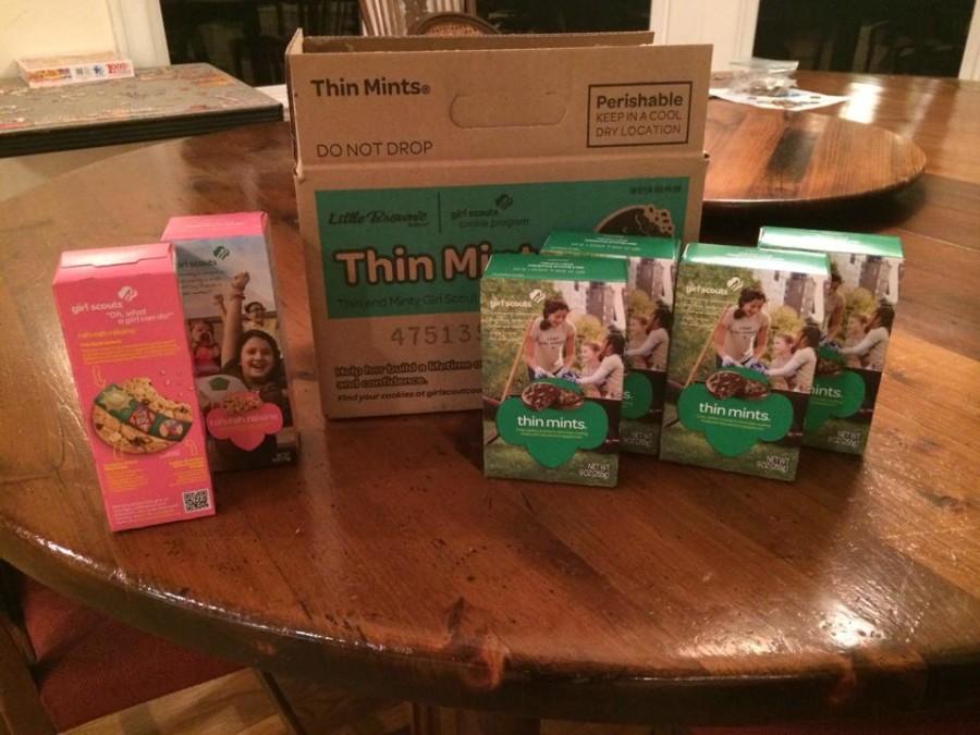 The Gross familys cookie stash: sadly, the Tagalongs and Samoas did not last long enough to be pictured, and yes, that entire case of Thin Mints is full of boxes.