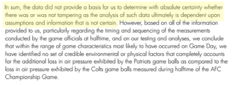 Text taken from the Wells report stating that the investigators are not certain that the footballs were tampered with.  