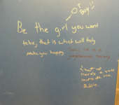 In the girls bathroom outside of the English and social studies learning center, this exchange of messages has been on the door of one of the bathroom stalls since the 2014-2015 school year. 