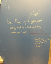 In the girls bathroom outside of the English and social studies learning center, this exchange of messages has been on the door of one of the bathroom stalls since the 2014-2015 school year. 