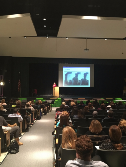 Mrs. Harpel shows how mental health issues can be very surprising and fields questions from the audience 
