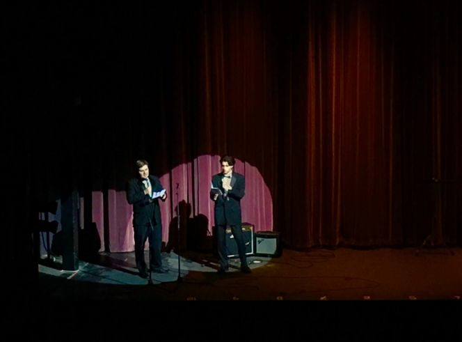 Hosts Nick Ribolla ’16 and Jimmy Ray Stagg ’16 present the opening act of the Variety Show.