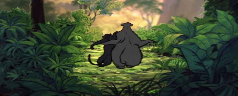 Caption: Bagheera (left) and Baloo (right) stroll off into the sunset during the last scene of The Jungle Book (1967) 
