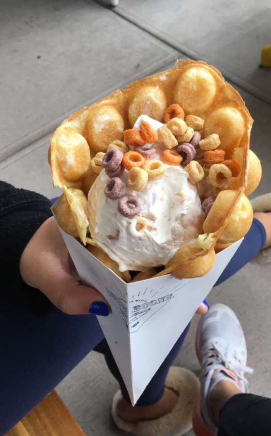 Pictured is the cereal milk ice cream with fruit cereal in a bubble cone. 
Photo by: Bella Mattera ’17