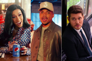 Artist Cardi B expressing her feeling for Pepsi, Chance the Rapper representing Doritos and artist Michael Buble supporting the sparkling water Bubly.
