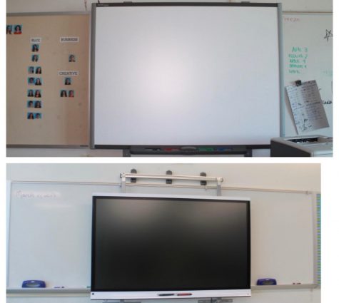 These are two versions of SmartBoards at Staples High School, some being newer and having a higher technology capability. The older SmartBoards are notorious for having technology difficulties and breaking more easily. 