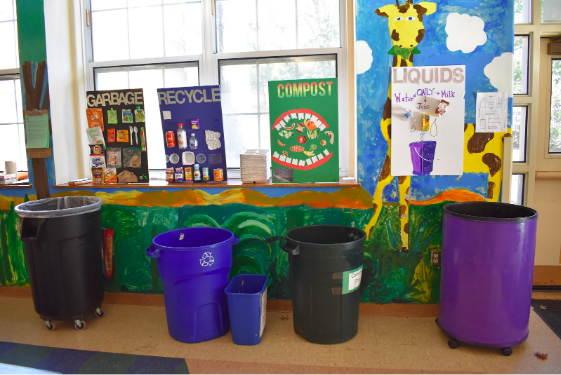 The four stations set up at Greens Farm Elementary of garbage, recycle, compost and liquids will enable the students to be more mindful of their waste after lunch time and even in their lives at home.