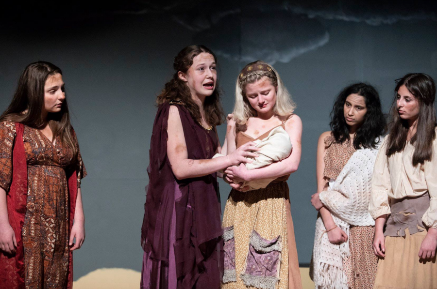 Leading actors Lulu Dalzell ’21 (playing Hecuba) and Emily Desser ’21 (playing Andromache) cry out in anguish over the loss of a child. “The Trojan Women” highlights to tragedy of the Troy women left behind after the Greeks have demolish their city. 