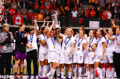 The U.S. Women’s National Soccer Team celebrates their win at a 2012 Olympic Qualifier game.