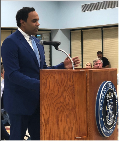 Stafford Thomas Jr. addresses the Board of Education at the meeting where he was announced as Principal of Staples High School on June 20. Thomas graduated with a Bachelor’s degree from Georgetown University, and proceeded to earn a law degree and Masters in Education Administration from Boston College.
